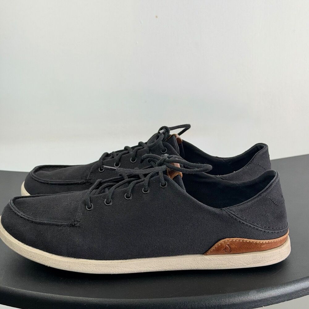 OluKai Manoa Sneakers Mens 9.5 Black Canvas Lace Up Casual Comfort Shoes